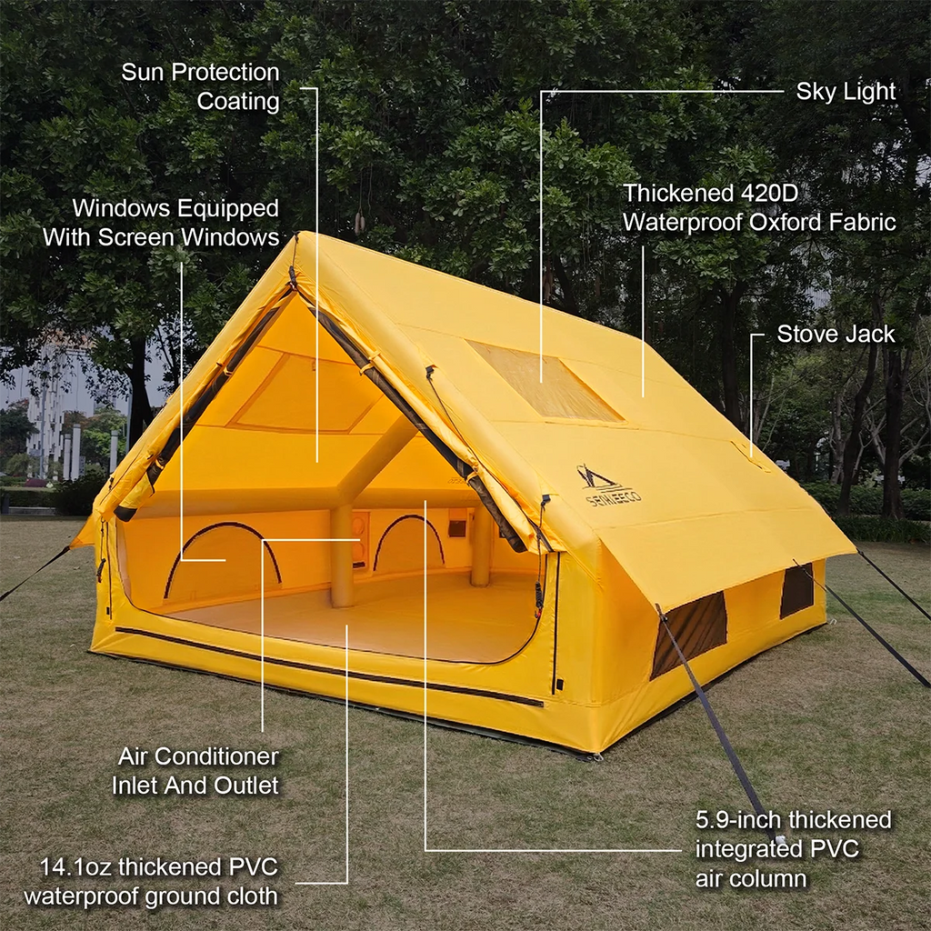 129 Sq Ft Inflatable Camping Tent Easy Setup Waterproof Oxford Air Tent House with Pump 4 Season Family Glamping Tent
