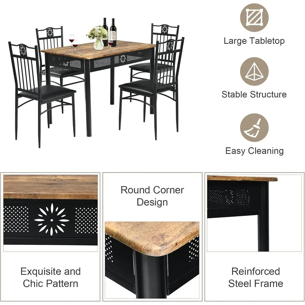 5-Piece Dining Set, 42 Rectangular Table with 4 Upholstered Chairs, Suitable for Home, Coffee Shop & Restaurant (Black)