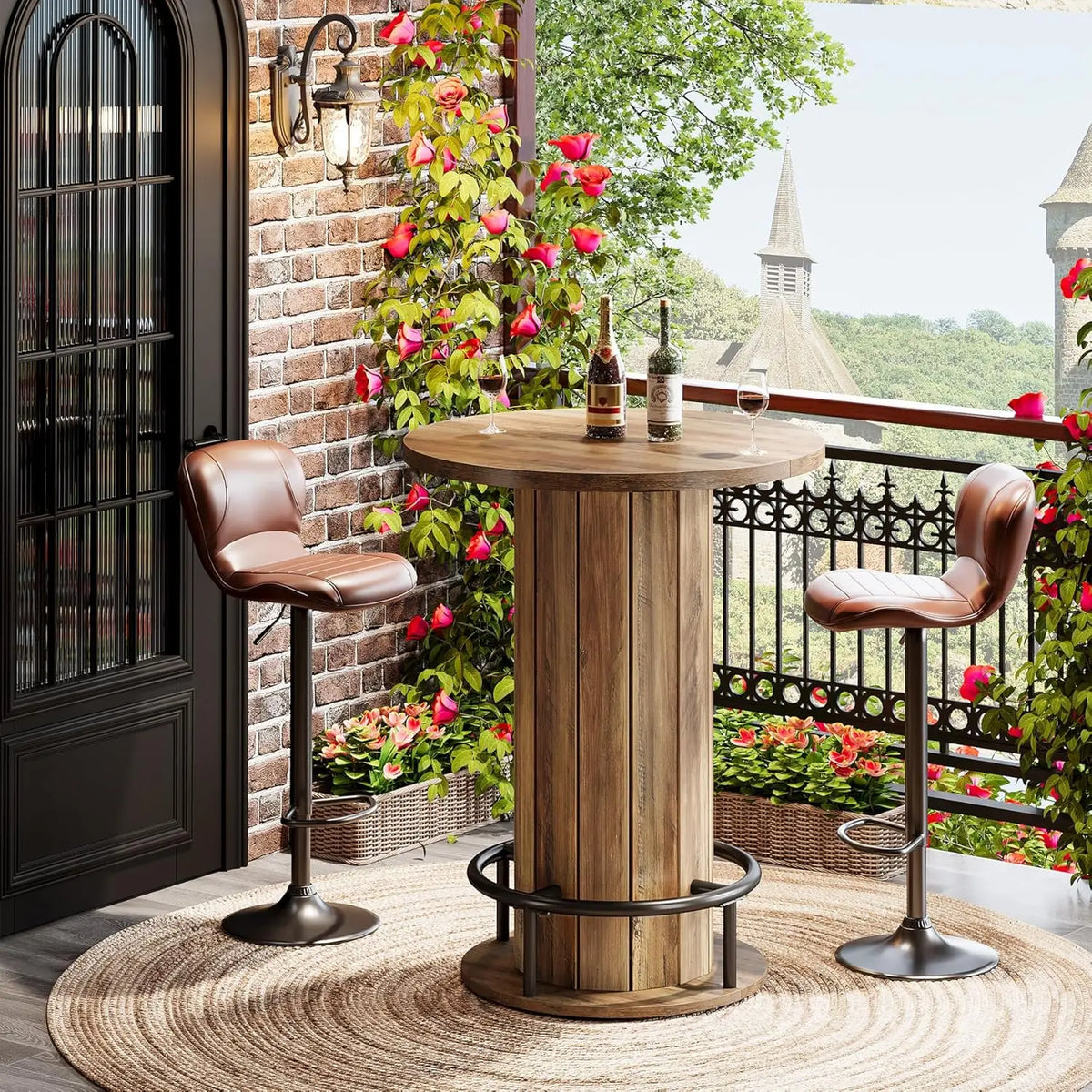 Round Bar Table, 39.4" H Wood Bistro Pub Table with Metal Ring Footrest for Dining Coffee Cocktail Living Room,, Customized