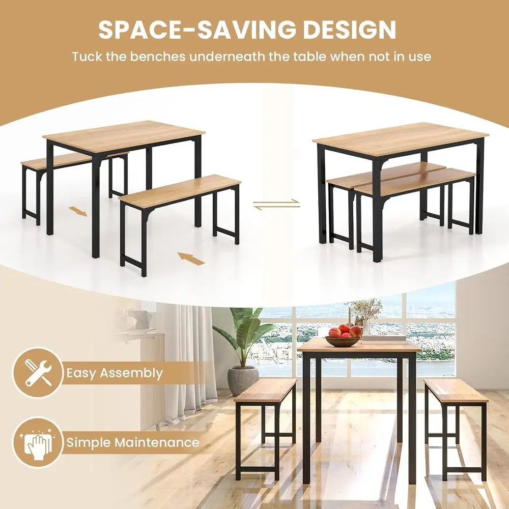 Solid Wood Counter Height Dining Table Set with 2 Benches, Natural