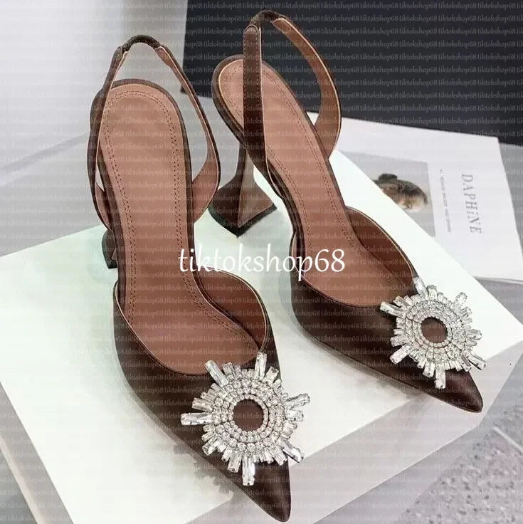 Amina muadii heels designer sandals womens wedding dress shoes satin pointed slingbacks bowtie pumps crystal sunflower flower hi