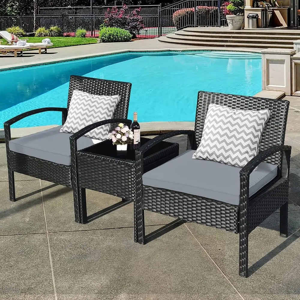 Grey Outdoor Patio Furniture Set: 3-Piece Rattan Sectional with 2 Chairs & Coffee Table for Garden, Balcony, Backyard, Poolside