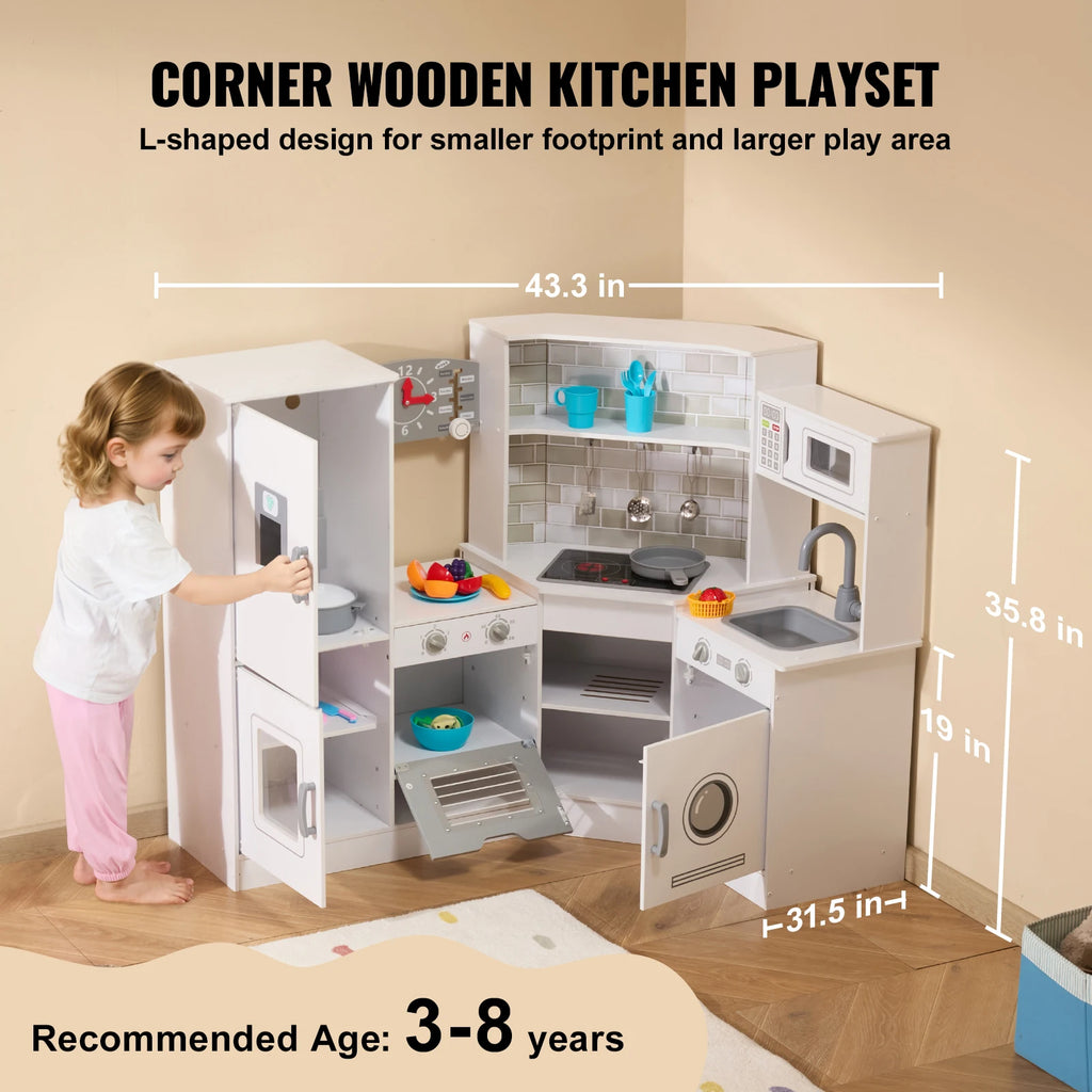 SucceBuy Corner Wooden Play KitchenToys Set Children Kitchenware toys with Lights & Sounds for Kids Preschoolers Girls Gifts