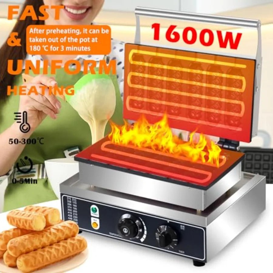 Commercial 1600W Corn Dog Waffle Maker 6-Slice Non-Stick Stainless Steel Hot Dog Waffle Iron with Temperature and Time Control