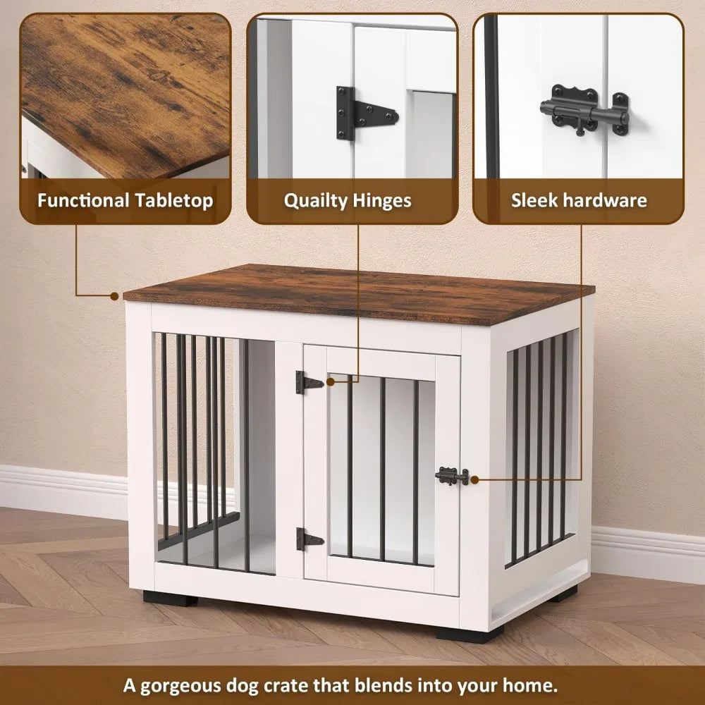 Medium Dog Crate with Farmhouse Table Top and Steel Bars for Puppies up to 40 lbs - Decorative Kennel Furniture for Home
