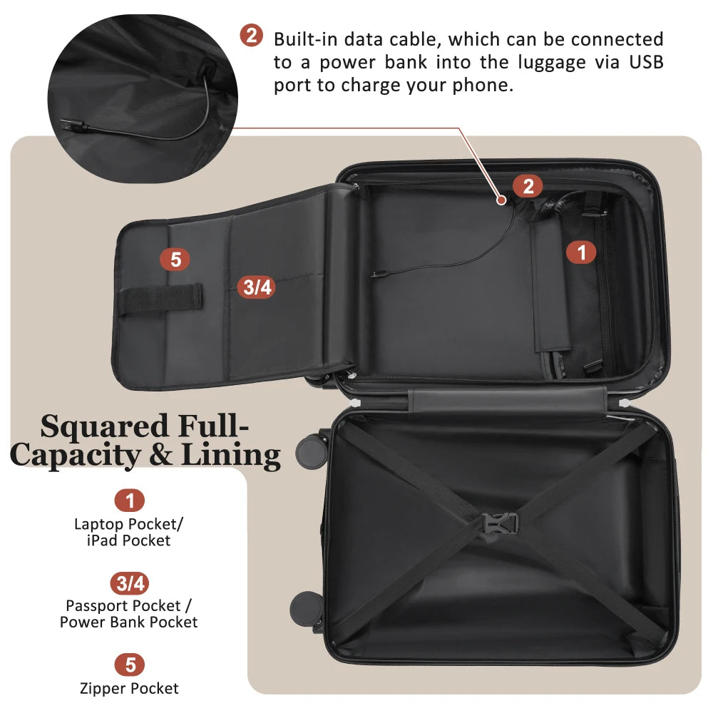 Lightweight 5PCS Hardside Luggage Set Half Opening Carry-on Suitcase Double Spinner Wheels USB TSA Lock Travel