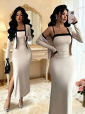 2-Piece Elegant Color Block Long Sleeve Cardigan & Slip Dress Set for Party, Holiday, Casual Wear