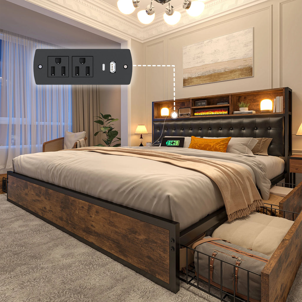 Full/Queen/King Bed Frame with Charging Station and 4 Storage Drawers Platform Bed Frame with Upholstered Headboard No Noise