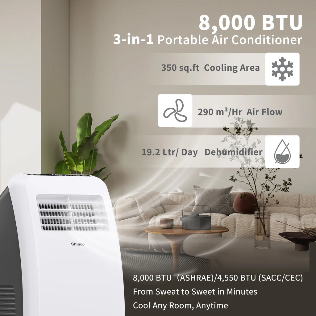 Shinco 8,000 BTU Portable Air Conditioner - 3-in-1 Cool/Dehumidifier/Fan for Rooms Up to 350 sq.ft, Remote Control & 24H Timer