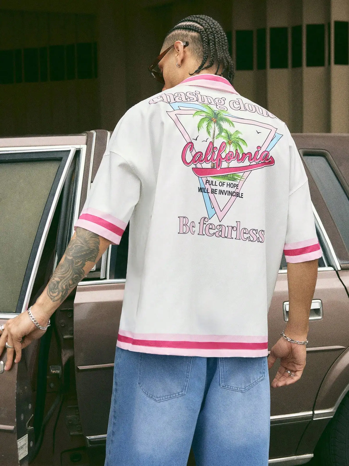 Men's Oversized Woven Short Sleeve Shirt with Graphic Print, Streetwear Style