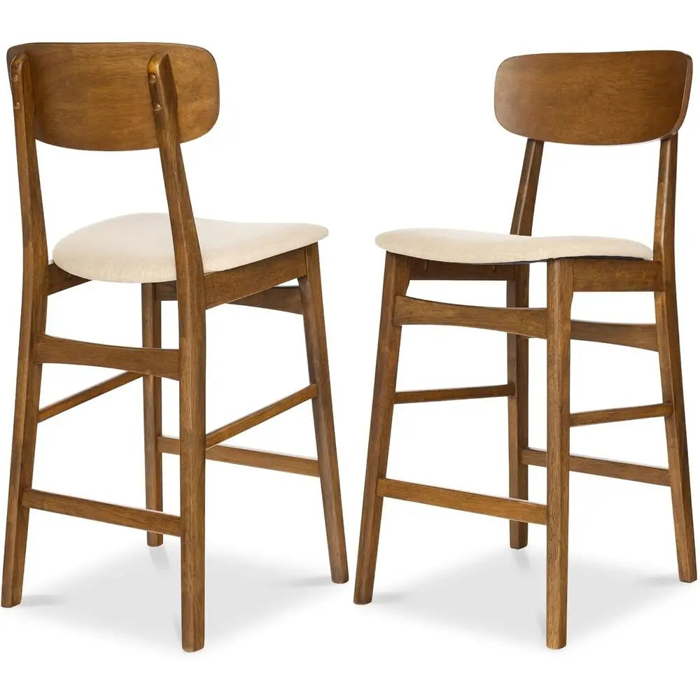 Upholstered Counter Height Stool Set of 2 with Wooden Curved Backrest, Walnut and Cream