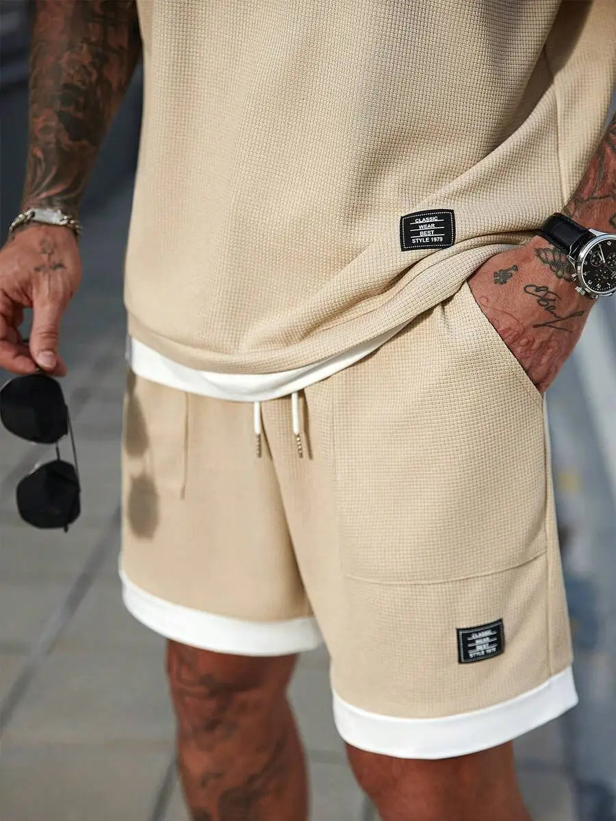 Beige Waffle Knit Sleeveless Tank Top and Shorts Set for Men, Casual Summer Two-Piece Outfit