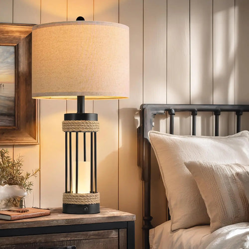 25" Farmhouse Table Lamps Set of 2 with Night Light, USB Charging Ports, Rustic Black Metal and Rope Design