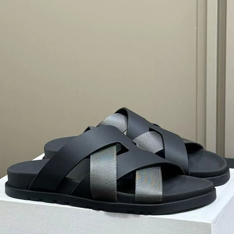 2026 Spring and summer braided calfskin functional sandals, suede color-block slippers, couple's vacation beach slippers