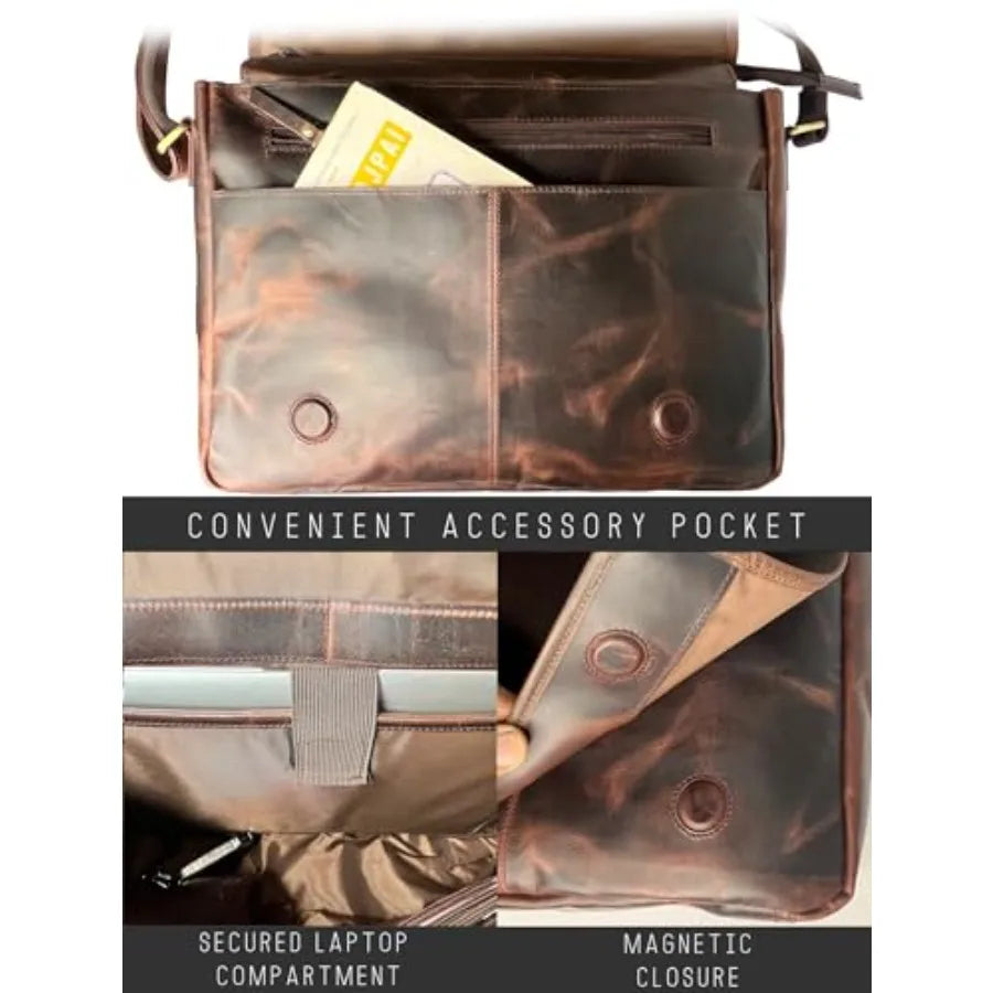 Leather Messenger Bag for Men 14" Leather Laptop Bag Vintage Crossbody Office Satchel Travel Shoulder Bag
