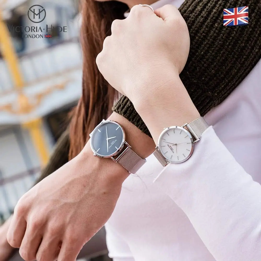 Couple Watches for Men Women, Genuine Leather and Stainless Steel Mesh Bands, Waterproof Quartz Wristwatch Set for Lovers