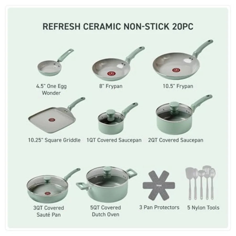 Mint Green Ceramic Nonstick Cookware Set 20-Piece Oven Safe to 350F Includes Stockpot Pots Pans Griddle Utensils Kitchen Cookin