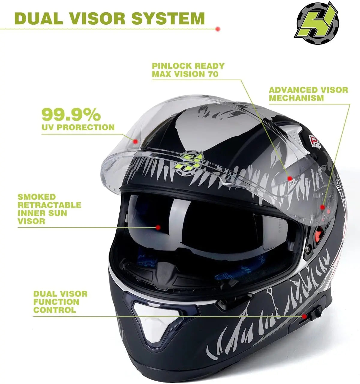 Full Face Motorcycle DOT Approved Helmet with Dual Rear Wing and Pinlock Ready-Lightweight and Durable Motorbike Street Bike Hel