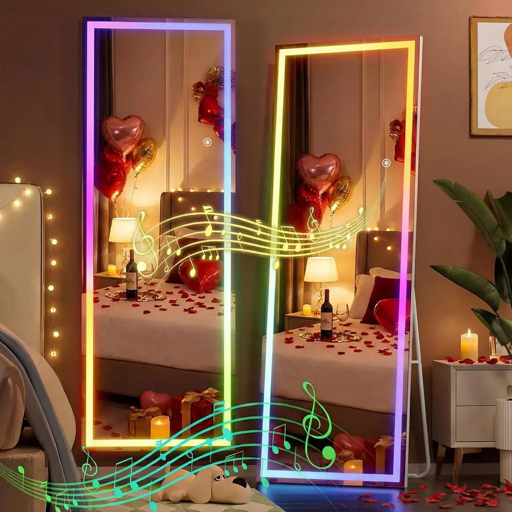 56"x16" LED RGB Bluetooth ull Length Mirror with Lights, ull Body Mirror with Stand, Wall Mount & ree Standing loor Mirror or Be