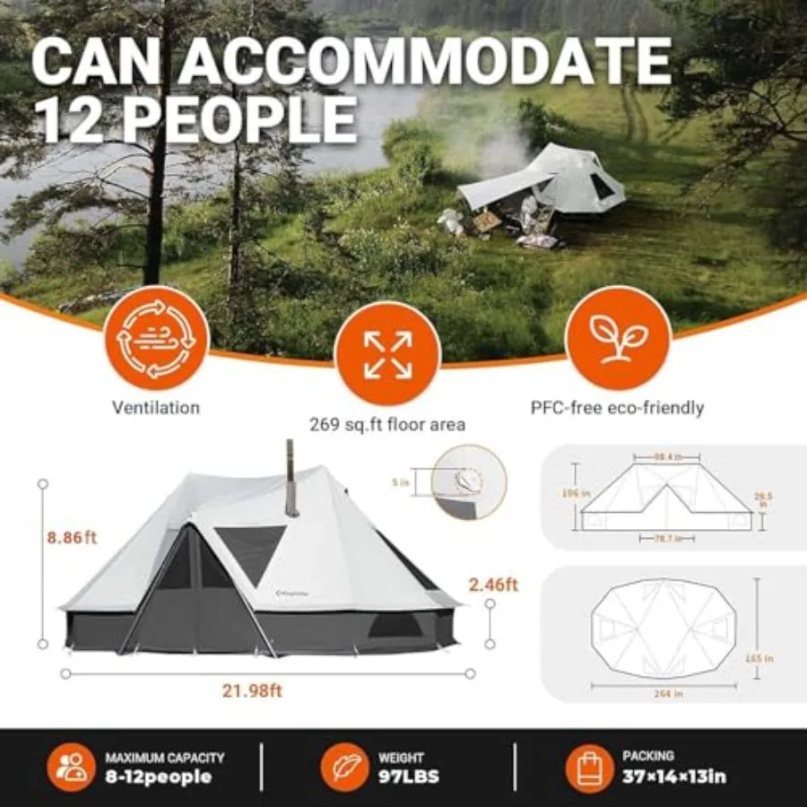 Canvas Bell Yurt Tents 4 Seasons Large Waterproof and Windproof Luxury Glamping Tent w/Stove Jack for Family Outdoor Camping Hu