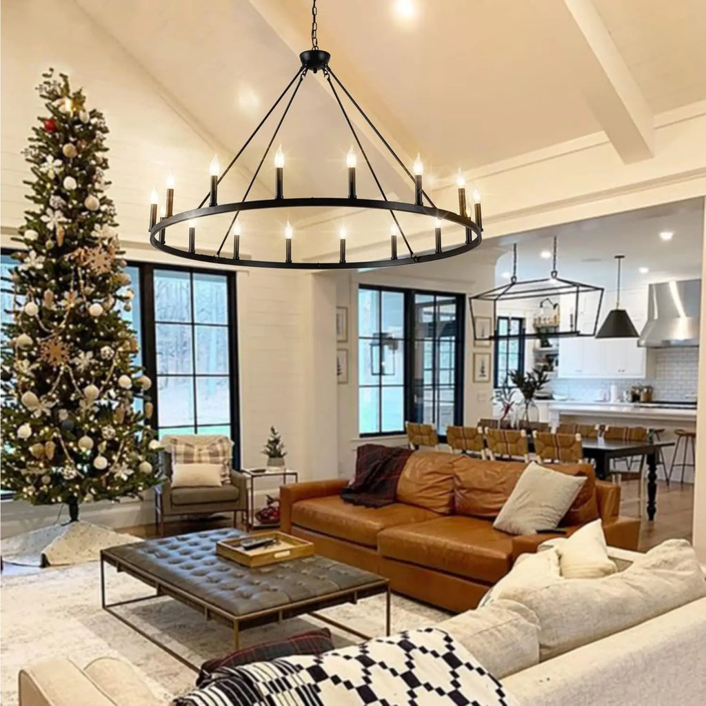 16-Light Black Wagon Wheel Chandelier Large Farmhouse Chandelier, Round Rustic Lighting, Farmhouse Light Fixture