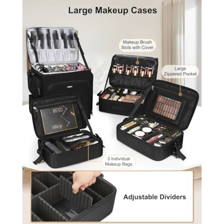 Relavel Rolling Makeup Case 4 in 1 Hairstylist Traveling Bag Cosmetology Case on Wheels Large Hair Tools Cosmetics Train Case M