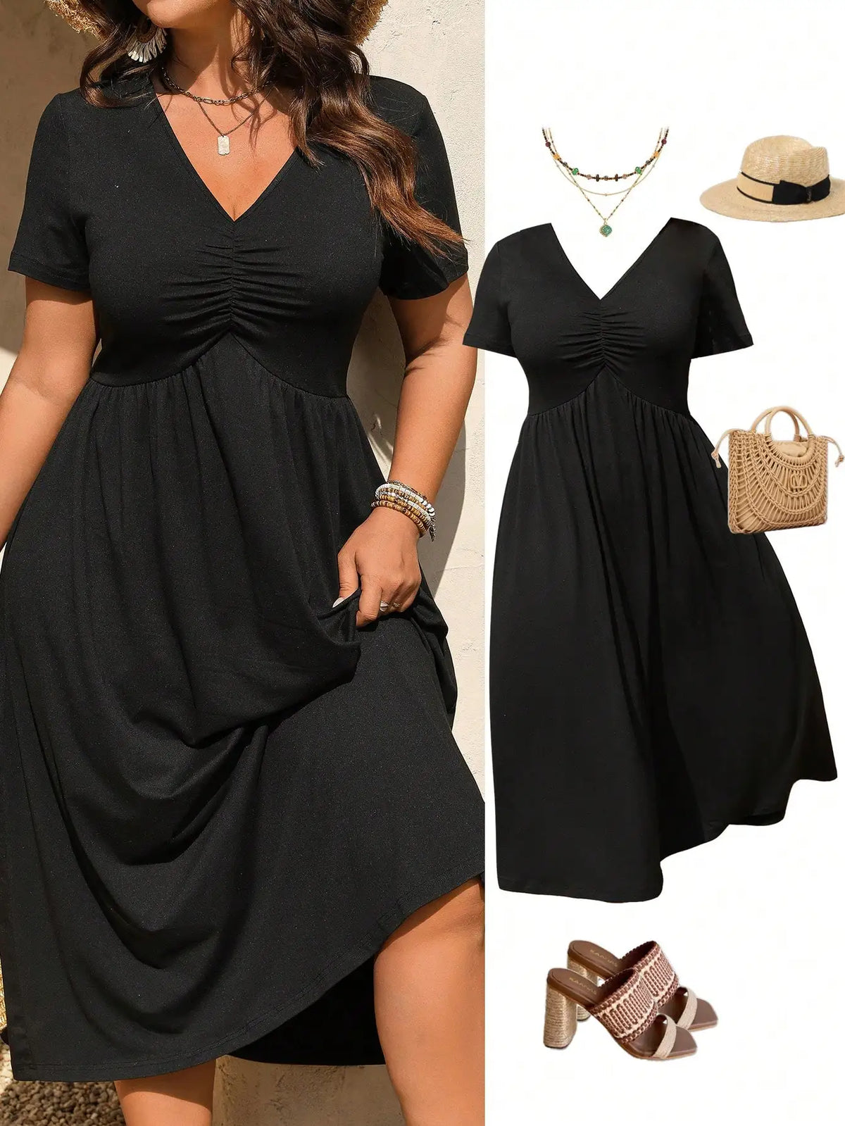 Black V-Neck Ruched Short Sleeve A-Line Midi Dress for Women