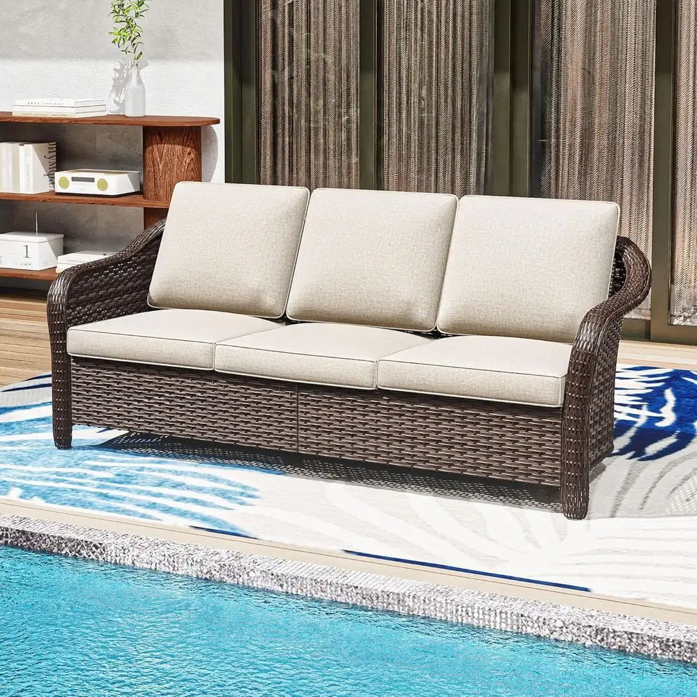 78" Wicker 3-seat Soa, Outdoor Contion urniture, All-Weather Rattan Couch, Steel e Couch with Cushions or Garden, Poolside, Porc