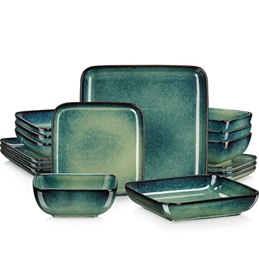 Stern Green Dinner Set- Square Reactive Glaze Dish Set- 16 Pieces Kitchen Dinnerware Stoneware Crockery with Dinner Plate Desse