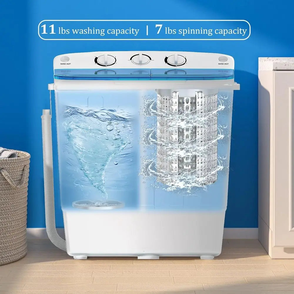 Mini Twin Tub Washing Machine with Drying Rack, 18lbs Washer and 7lbs Spinner, Ideal for Dorms and Apartments (Blue)