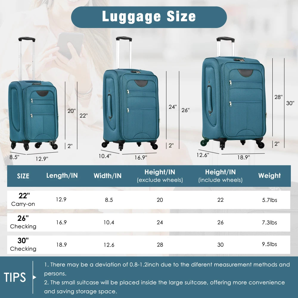 Softside Expandable 3 Piece Luggage Set 22/26/30 Inch Duffel Bag Upright Spinner Wheels Lightweight Softshell Travel Luggage Set