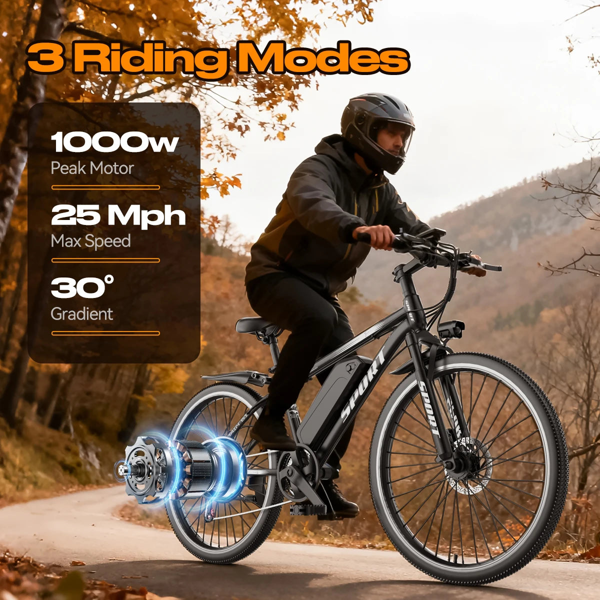 Electric Bike for Adults, 1000W Peak Mountain Ebike with 25 MPH, 65 Miles Range, 7 Speeds, 48V 10Ah Removable Battery 26" Ebike