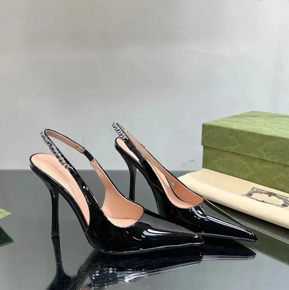 Sandals Sier Veet High Kitten Pink Dress Lady Elegant Pointed Slingbacks Lacquer Leather Heels Shoes Woman Designer