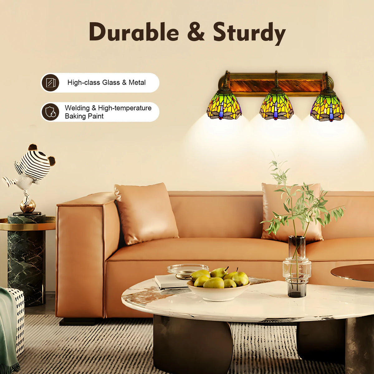 3-light Dragonfly Patterns Wall Lamp with 3 Standard E27 Lamp Holders and Colorful Glass Lampshades for Living Rooms, Cafes