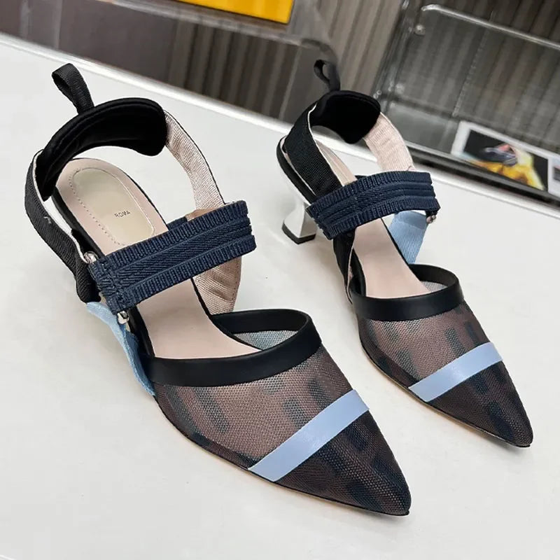 Mesh Fabric Slingbacks Women Designer Pumps Flat Sandals Colorful Hollow Out Women Slingback Metal High Heels Shoes Dress Shoes