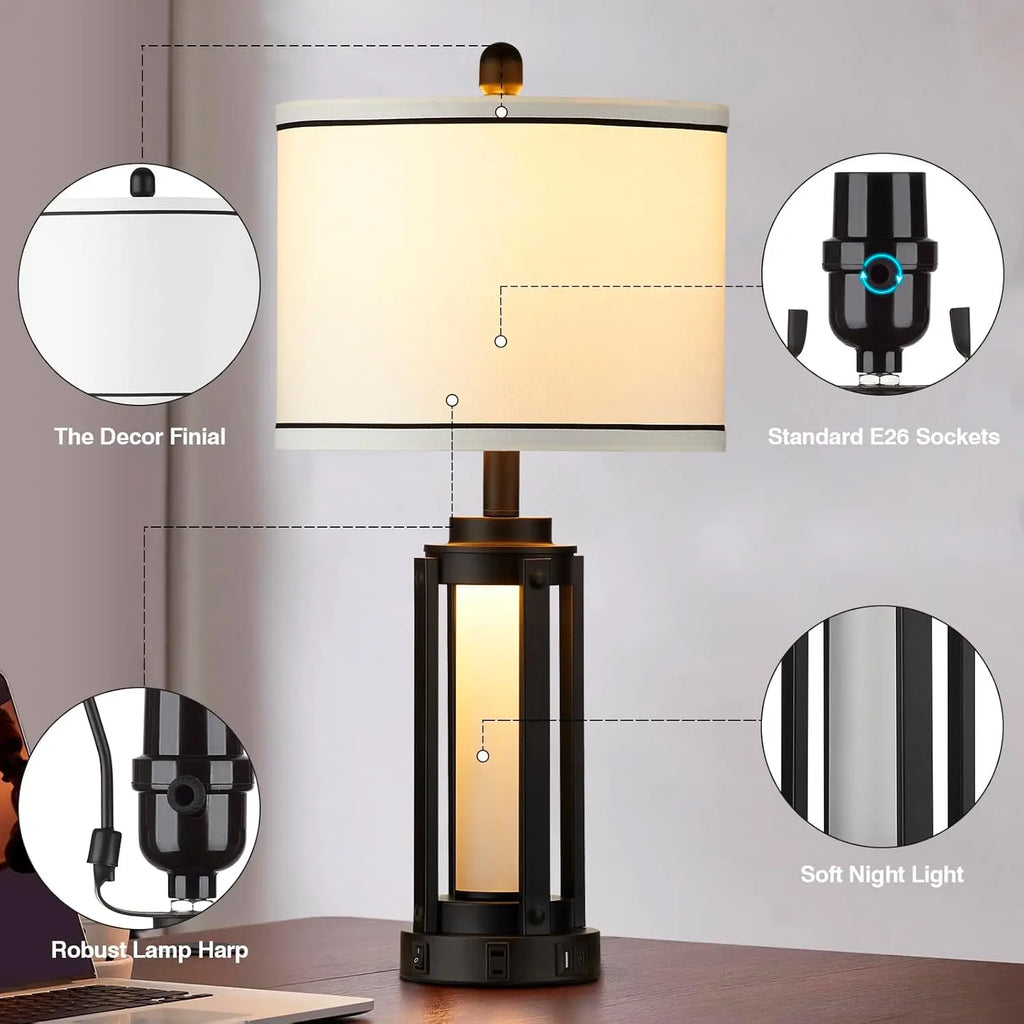Modern Table Lamps Set of 2 with USB A+C Charging Ports & AC Outlet, Nightstand Lamp for Living Room Bedroom Decor