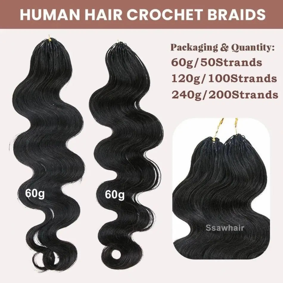 Body Wave Pre-Separated Crochet Hair Extensions Human Hair Knotless Pre-Separated Feather Crochet Braid Hair 26 Inch 2Pcs/120g