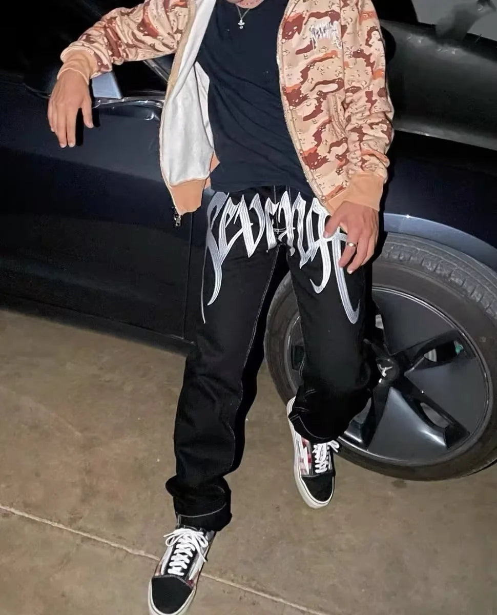American-Style Streetwear Washed Vintage Lettered Jeans for Men, Spring and Autumn Straight Loose Fit, European and American High Street Vibe Style Long Pants