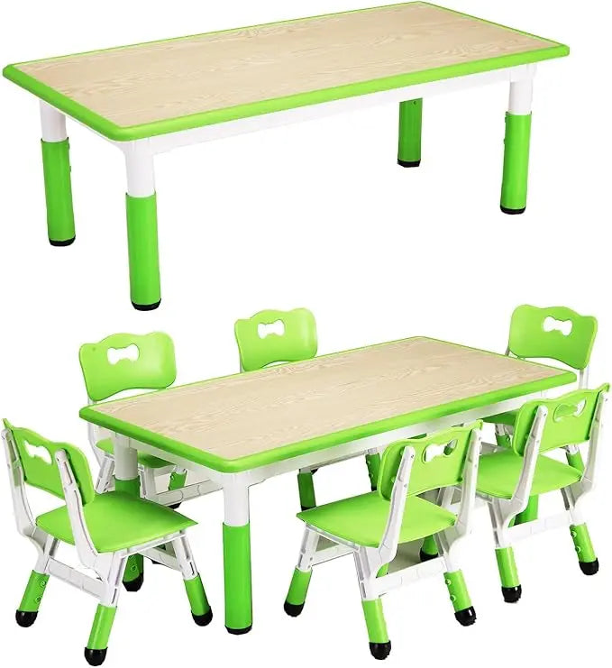 Kids Table and Chairs Set, Height Adjustable Desk with 6 Seats for Ages 2-10,Graffiti Desktop for Classrooms,Daycares,Home