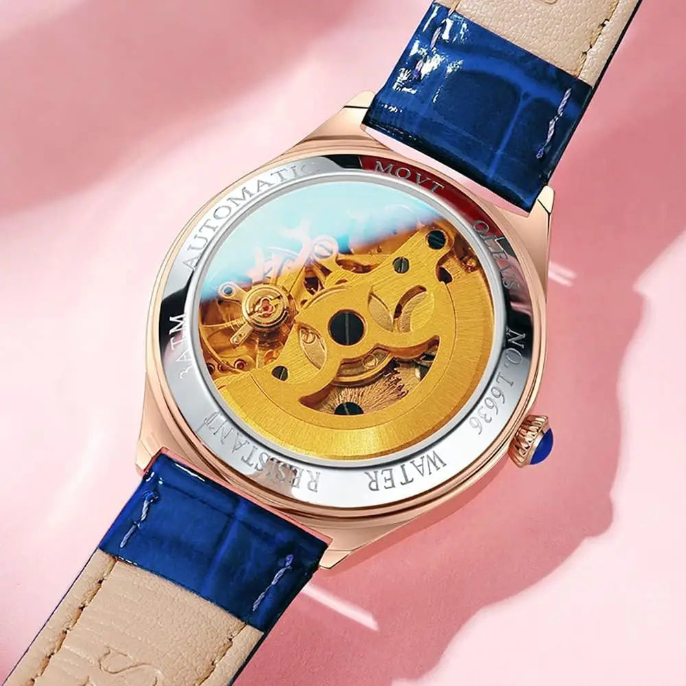 OLEVS Watches or Women Automatic Ladies Watch Mechanical Leather Strap Sel-Winding Diamond dial Waterproo