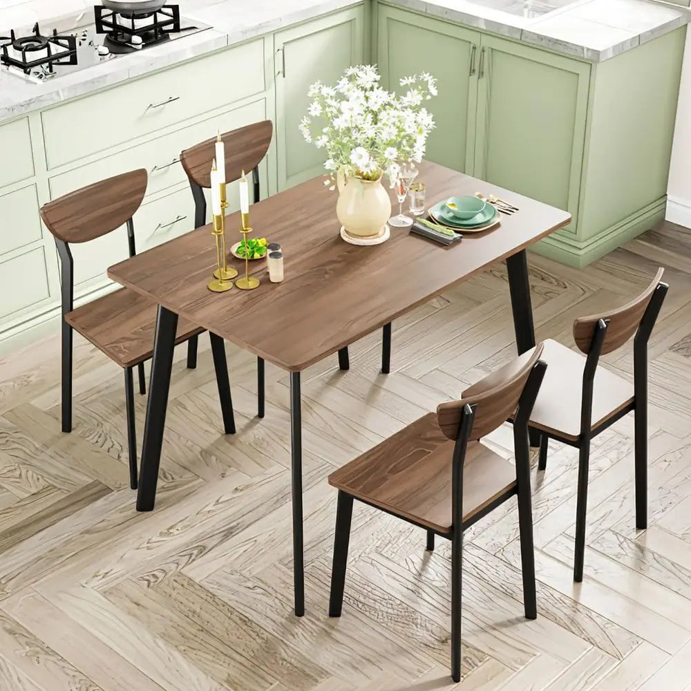 Dining Table Set for 4, Modern Rectangular 5 Piece Dining Room Table and Chairs Set, Brown Wooden Metal Table Set for Family Din
