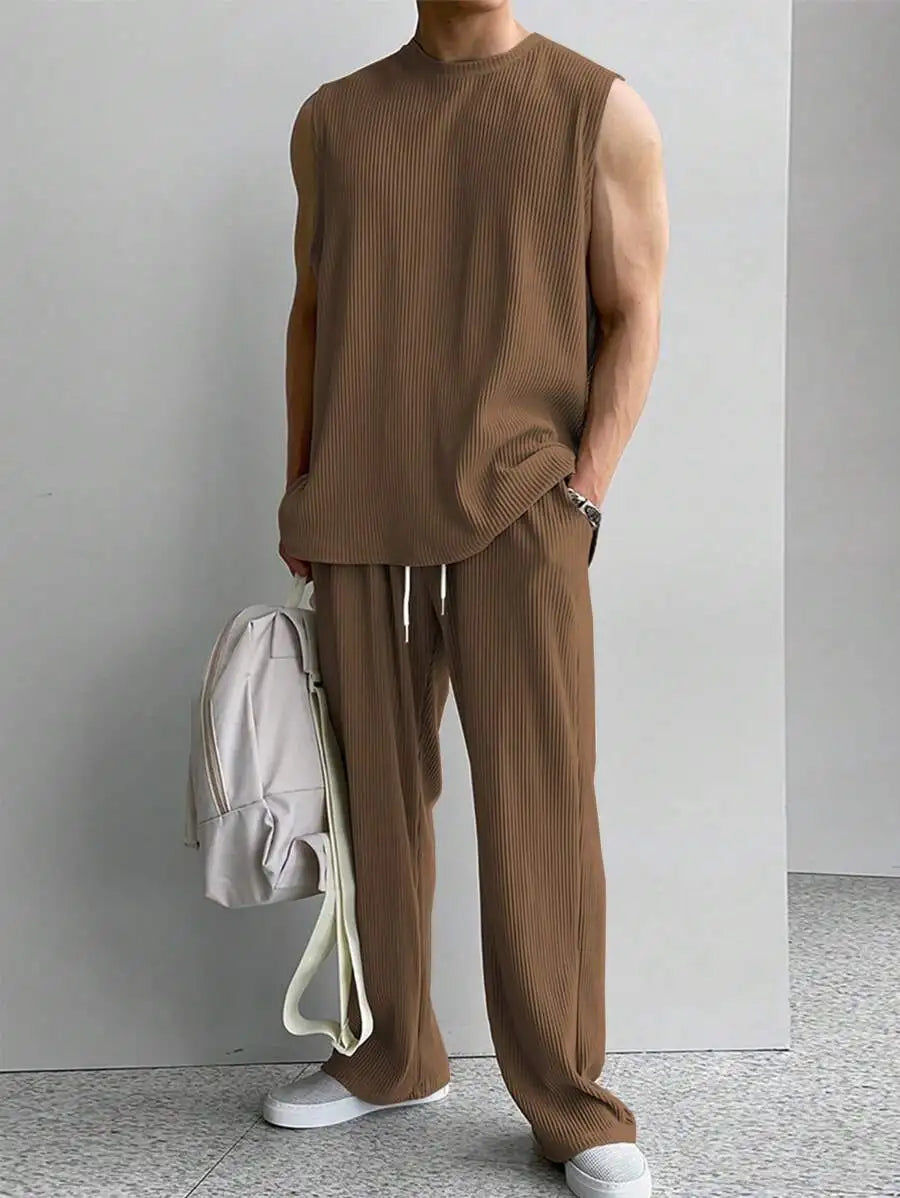 Men's Ribbed Sleeveless Top and Wide-Leg Drawstring Pants Set