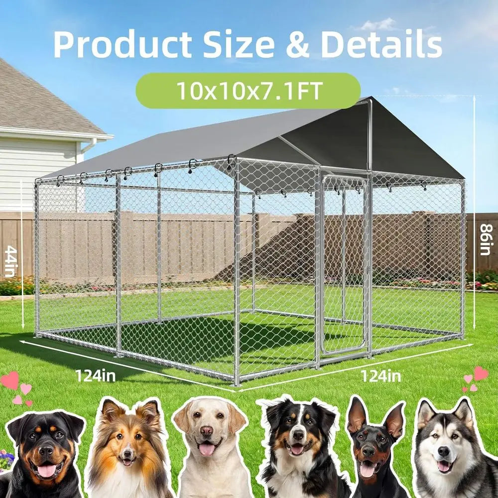 10x10 Heavy-Duty Steel Outdoor Dog Kennel with Waterproof Roof, Secure Lock, and UV Protection for Large Dogs