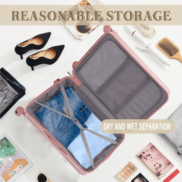 20 /24 /28  3 pcs/set in ABS Spinner Wheel Luggage, Carry on Suitcase, with Cup Holder & USB Port & Phone Holder (Pink) Upgraded