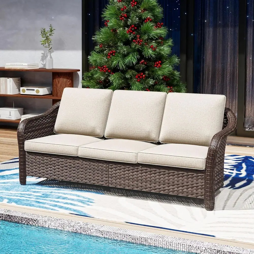 78" Wicker 3-seat Soa, Outdoor Contion urniture, All-Weather Rattan Couch, Steel e Couch with Cushions or Garden, Poolside, Porc