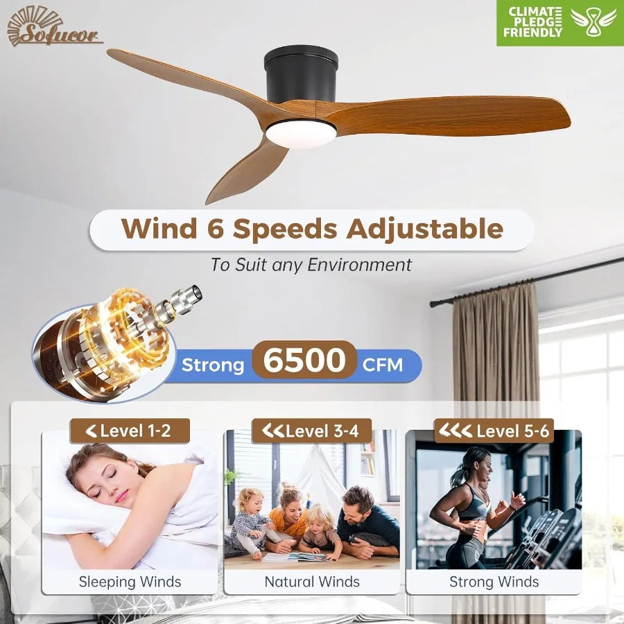 52 Inch Low Profile Ceiling Fans with Lights Modern Flush Mount Ceiling Fan with 3 ABS Blades 6500CFM Dimmable 6Speed 3Timer Re