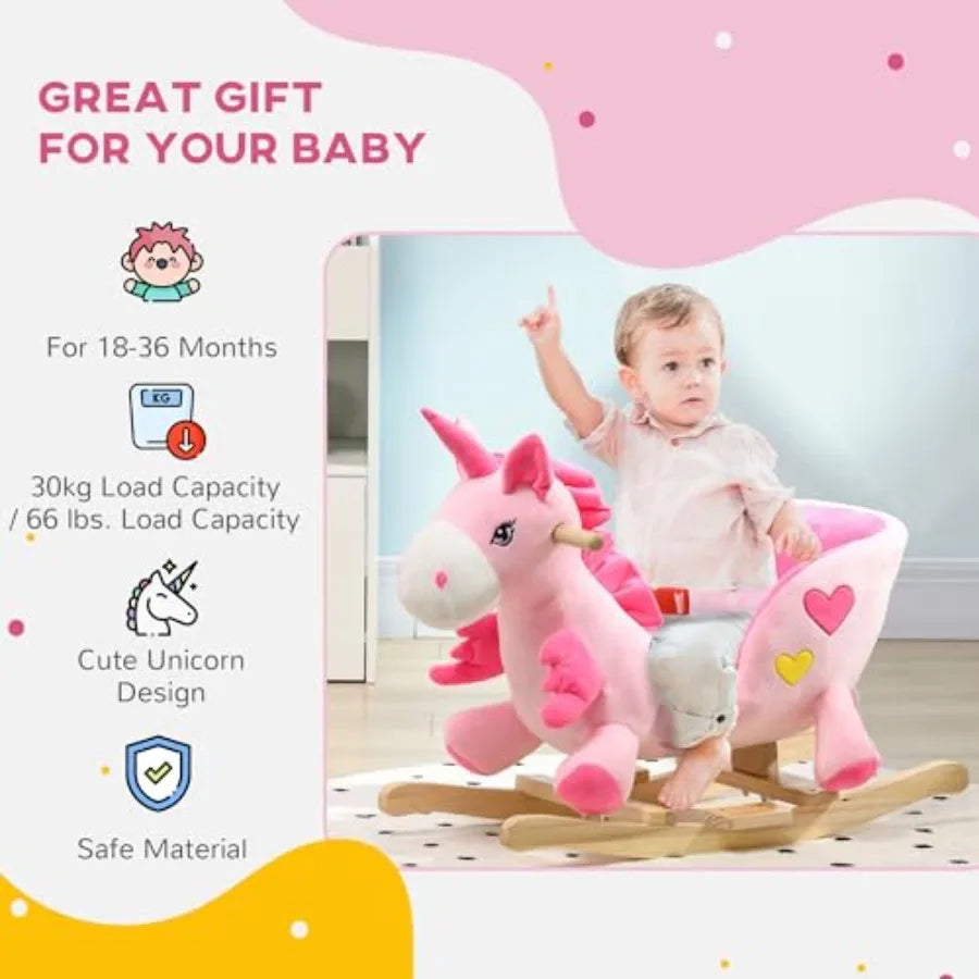 Baby Rocking Horse Ride on Unicorn with 32 Songs Toddler Rocker Toy with Wooden Base Seat Safety Belt for 1.5-3 Year Old Pink