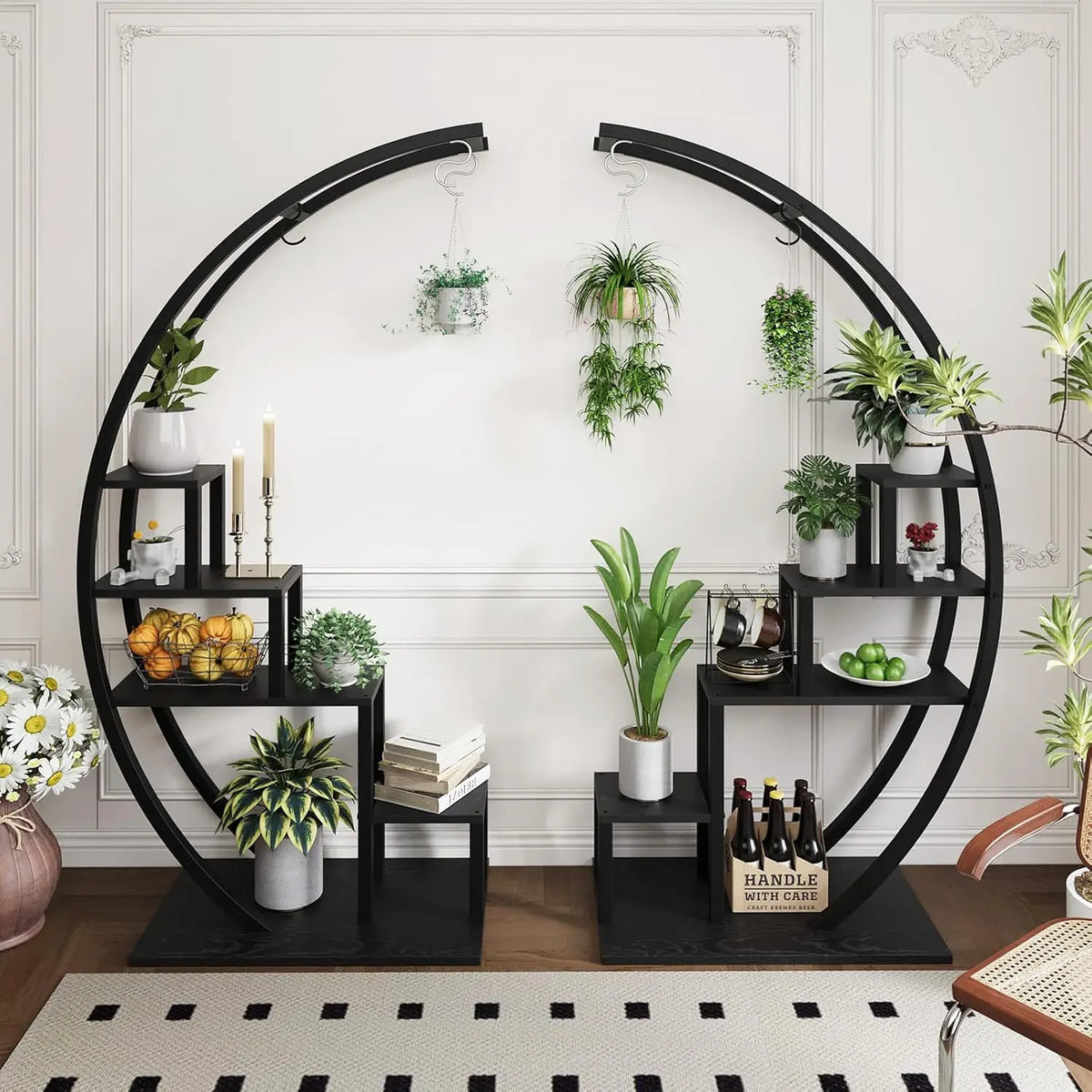 5-Tier Tall Metal Half Moon Plant Shelf, Space-Saving Indoor Flower Rack for Multiple Plants Display