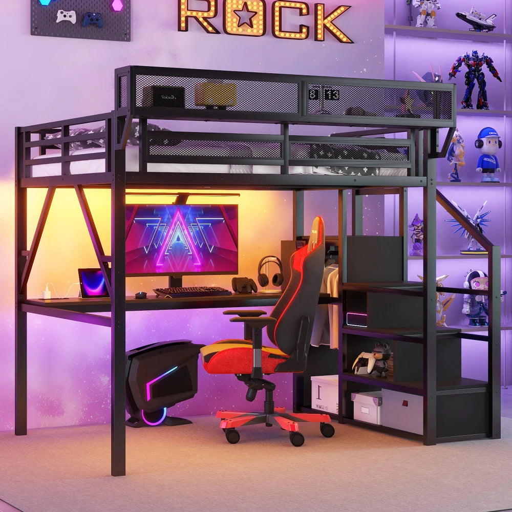 Queen Loft Bed with Desk and Charging Station, Queen Size Metal Loft Bed with Stairs and Light, Black