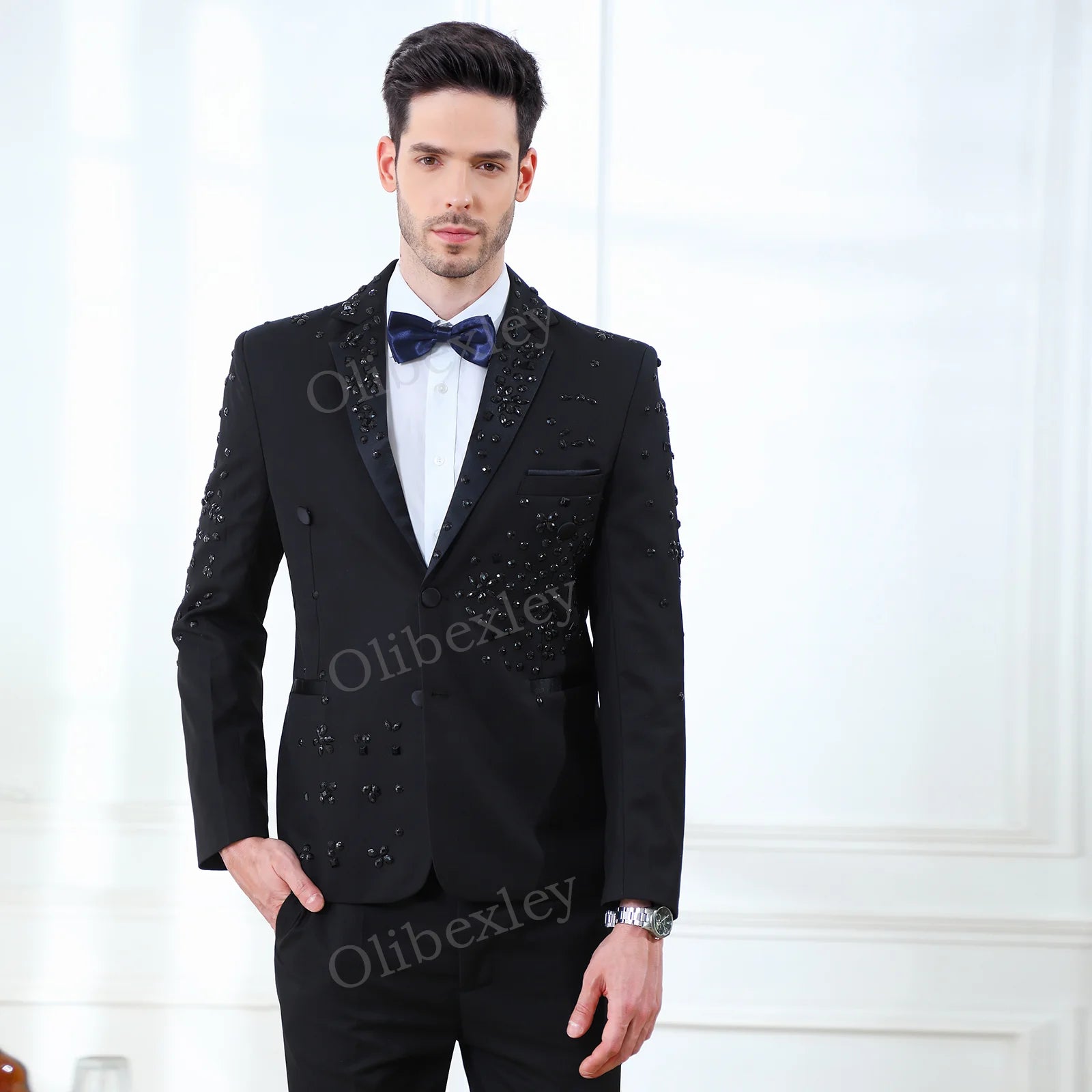 Upscale Men's Black Suits 2 Pieces Tailored Made Beaded Crystals single breasted Slim Fit Suits Wedding Groom Business Prom